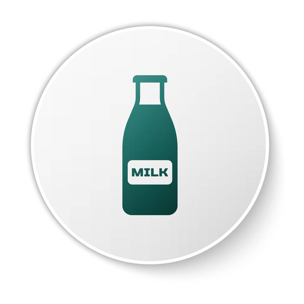 Zelená uzavřená skleněná láhev se symbolem mléka a víčka je izolovaná na bílém pozadí. Tlačítko zeleného kruhu. Vektorová ilustrace - Vektor, obrázek
