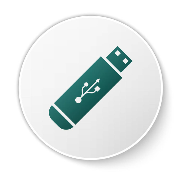 Zielona ikona napędu flash USB na białym tle. Przycisk zielony okrąg. Ilustracja wektorowa - Wektor, obraz