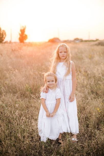 Cute girl with blond long hair with a younger sister in a summer field at sunset with a white dress - Фото, зображення