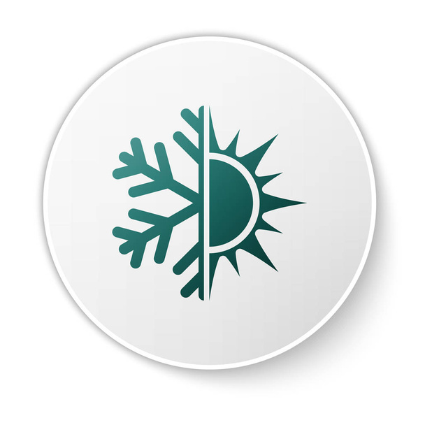 Zöld meleg és hideg szimbólum. Nap és hópehely ikon elszigetelt fehér alapon. Téli és nyári szimbólum. Zöld kör gomb. Vektoros illusztráció - Vektor, kép