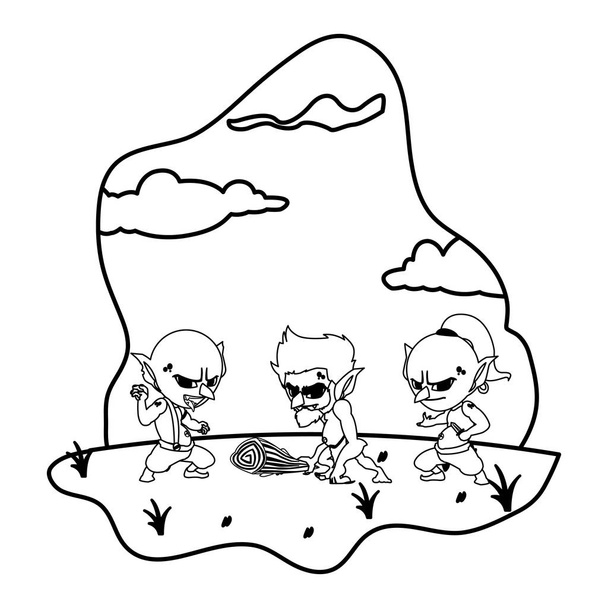 キャンプの魔法の文字で洞窟人ノームと醜いトロール - ベクター画像