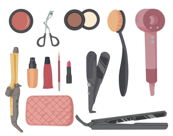 Make-up Artist Kit. Haar styling accessoires set. Cosmetische producten oogschaduw, lippenstift, poeder - Vector, afbeelding