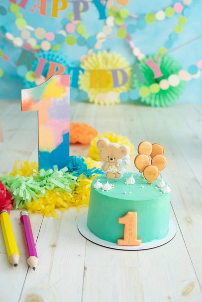 First birthday cake on festive decorative background  - Φωτογραφία, εικόνα
