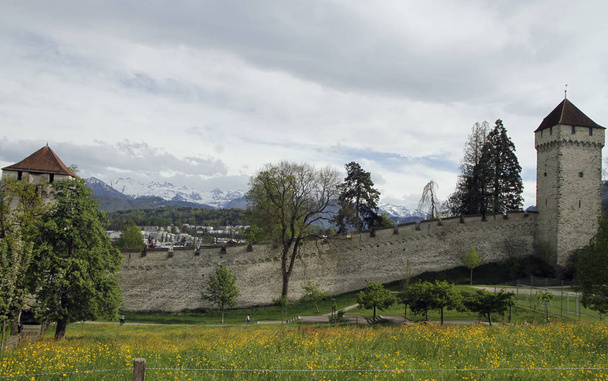 part of Musegg Wall in city Luzern - Valokuva, kuva
