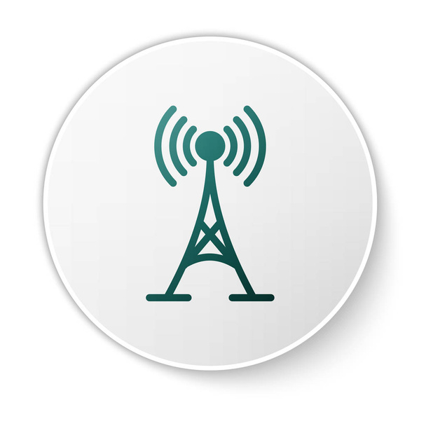 Zielona ikona anteny na białym tle. Antena radiowa bezprzewodowa. Technologia i antena radiowa sygnału sieci. Przycisk zielony okrąg. Ilustracja wektorowa - Wektor, obraz