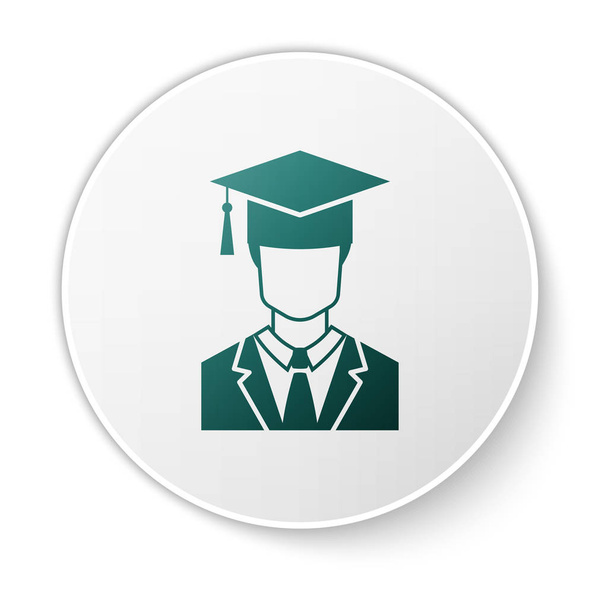 Beyaz arka planda izole gece elbisesi ve mezuniyet kapağı simgesi ile Yeşil Erkek lisansüstü öğrenci profili. Yeşil daire düğmesi. Vektör İllüstrasyonu - Vektör, Görsel