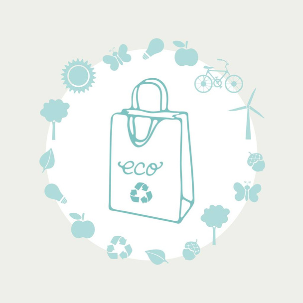 Eco Life Illustration. ökologische Papiertüte mit ökologischen Symbolen herum. - Vektor, Bild