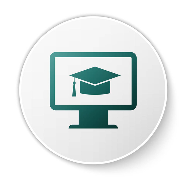 Monitor de computador verde com ícone de tampa de graduação isolado no fundo branco. Aprendizagem online ou conceito de e-learning. Símbolo do conhecimento da Internet. Botão de círculo verde. Ilustração vetorial
 - Vetor, Imagem