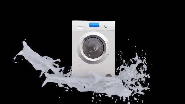 Abstract 3D model van witte wasmachine met elektronische paneel draaien op de zwarte achtergrond in witte spatten. Animatie. Keukenapparatuur - Foto, afbeelding