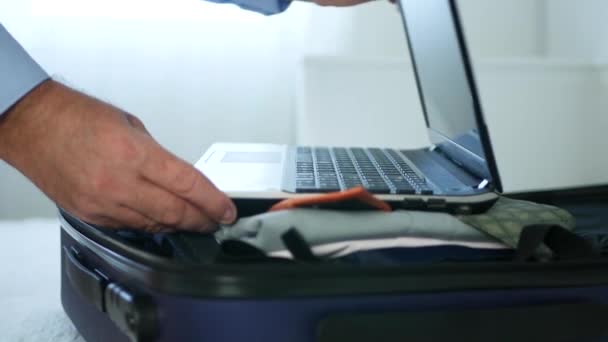 Businessman Put Laptop in Suitcase Open Screen and Check Emails and Messages - Metraje, vídeo