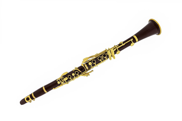 Коричневий класичний духовий музичний інструмент кларнет ізольовані на білому фоні. Серія музичних інструментів - Фото, зображення