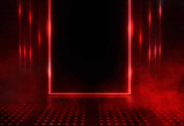 Lege scène achtergrond. Donkere achtergrond van lege ruimte, Neon rood licht, betonnen vloer, rook - Foto, afbeelding