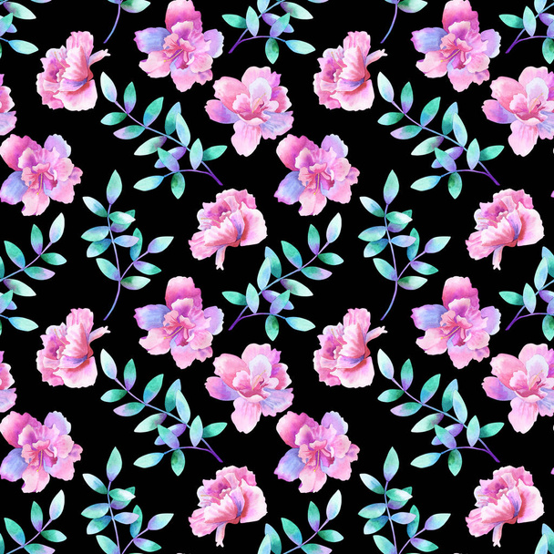 Beautiful purple pink flowers and green purple branches. Floral seamless pattern. Hand drawn watercolor illustration. Texture for print, fabric, textile, wallpaper. - Foto, Imagen