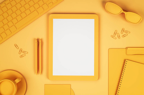 Abstract orange workplace with tablet  - Zdjęcie, obraz