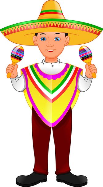 mexican boy in poncho and sombrero holding maracas - ベクター画像