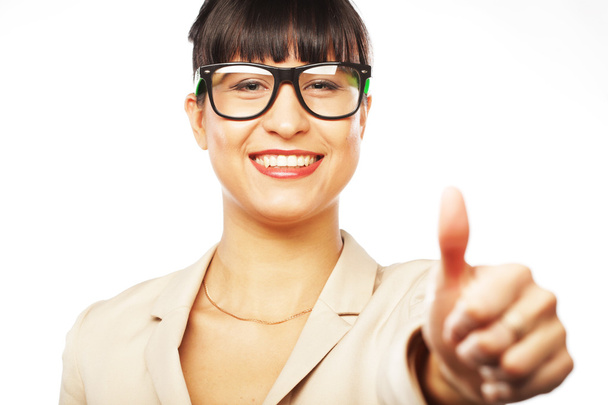 Lachende vrouw dragen van een bril - Foto, afbeelding