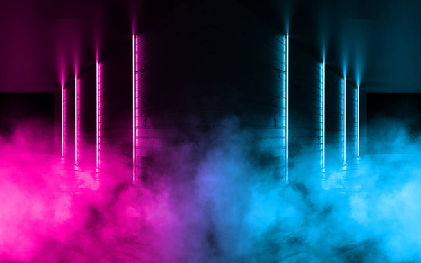 Background of an empty room with brick walls and neon lights, laser lines and multi-colored smoke - Photo, Image