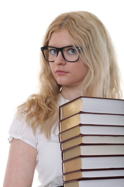 Beautiful young woman with books white background - Foto, Imagem