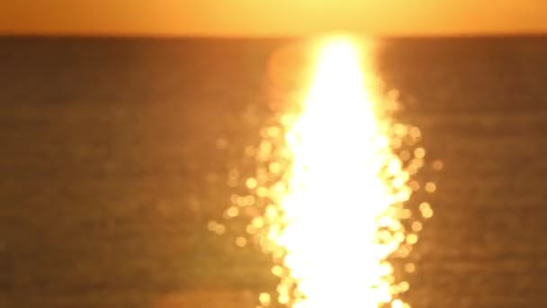 zonsopgang over de kalme zee. de zon stijgt recht boven de zee en een grote mooie straal wordt weerspiegeld op het oppervlak van het water - Video