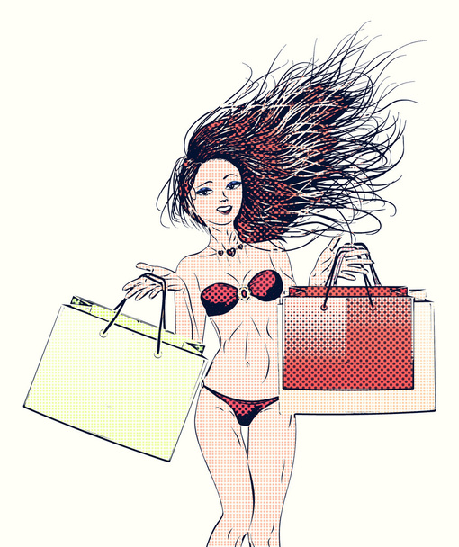 Halftone winkelen bikini girl - Foto, afbeelding
