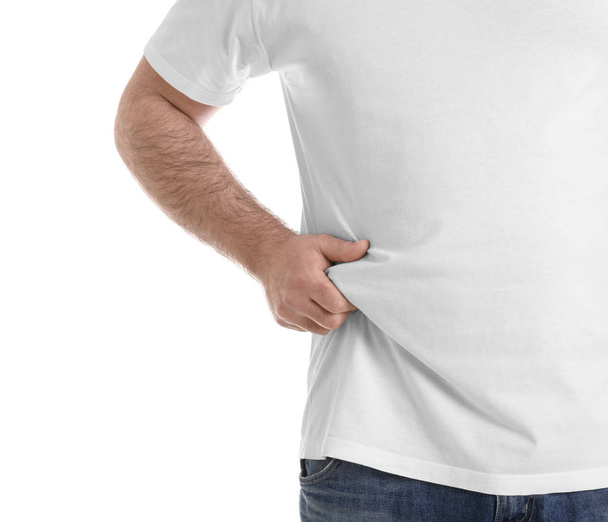 Nadváha muž s velkým břichem izolovaným na bílém, zaostřená - Fotografie, Obrázek
