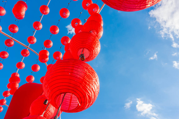 Chinese new year lanterns with blue sky . - 写真・画像