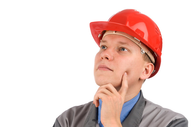 Construction worker thinking - Фото, изображение