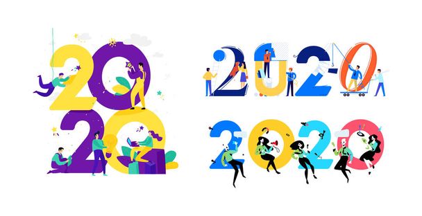 Εικονογραφήσεις για το νέο έτος 2020. Διάνυσμα. Οι άνθρωποι δουλεύουν γύρω από αριθμούς. Οι επιχειρηματίες γιορτάζουν τα Χριστούγεννα. Οι διαφημιζόμενοι θα γιορτάσουν. Επίπεδη στυλ. Απεικονίσεις για το ημερολόγιο και την τοποθεσία. - Διάνυσμα, εικόνα
