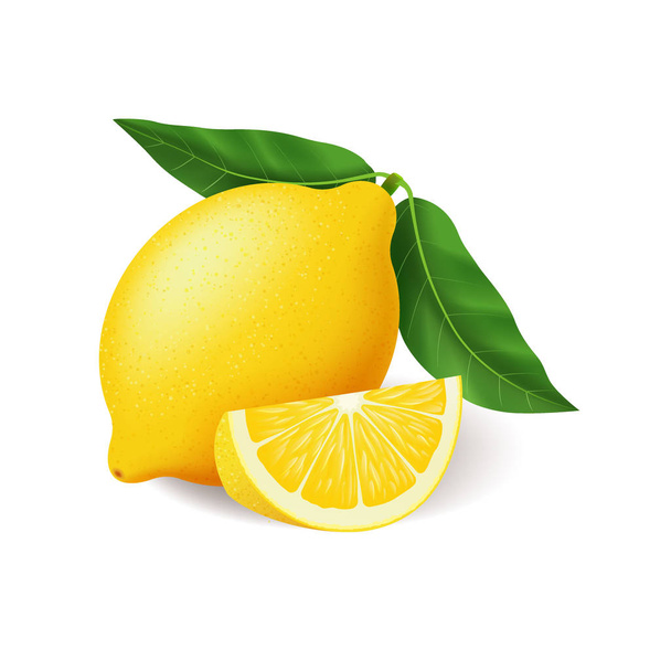 Realistic bright yellow lemon with green leaf whole and sliced vector - Vector, Image