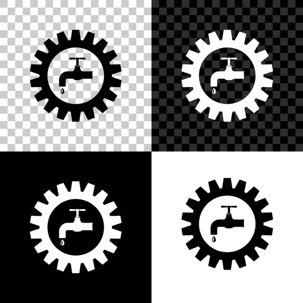 Koło zębate z ikoną kranu izolowana na czarnym, białym i przezroczystym tle. Symbol pracy wodno-kanalizacyjnej. Ilustracja wektorowa - Wektor, obraz