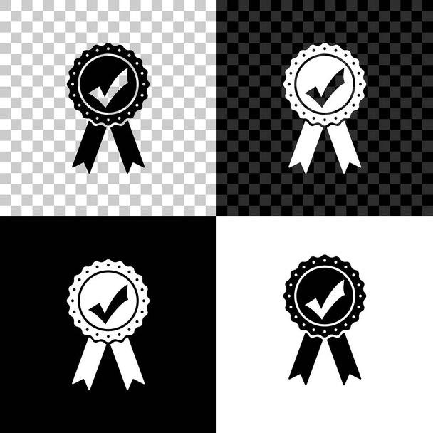 リボンとチェックマークアイコンが黒、白、透明の背景に分離された承認または認定メダル。ベクトルイラストレーション - ベクター画像