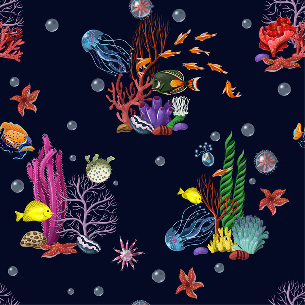 Seamless pattern with sea inhabitans and herb. - Vector, Image