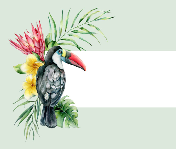 Akvarell kártya trópusi tukán és virágok csokor. Kézzel festett madár, Protea és Plumeria elszigetelt zöld háttér. Természet botanikai illusztráció a tervezés, nyomtatás. Reális növény. - Fotó, kép
