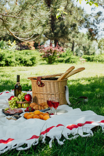 Summer picnic in the park on the green grass - Фото, изображение