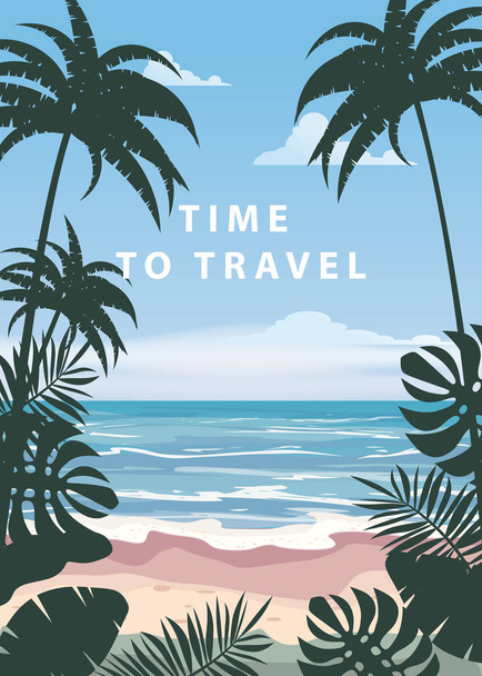 Время путешествовать Летние каникулы отдых морской пейзаж морской пейзаж морской пляж, побережье, пальмовые листья. Ретро, тропические листья, пальмы, шаблон, вектор, баннер, плакат, иллюстрация, изолированные
 - Вектор,изображение