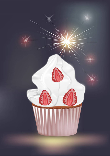 taart met aardbeien en Sparkler op een donkere achtergrond - Vector, afbeelding
