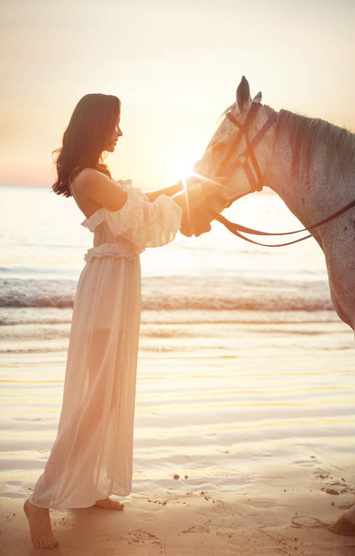Beautiful, young woman with a calm horse - Φωτογραφία, εικόνα