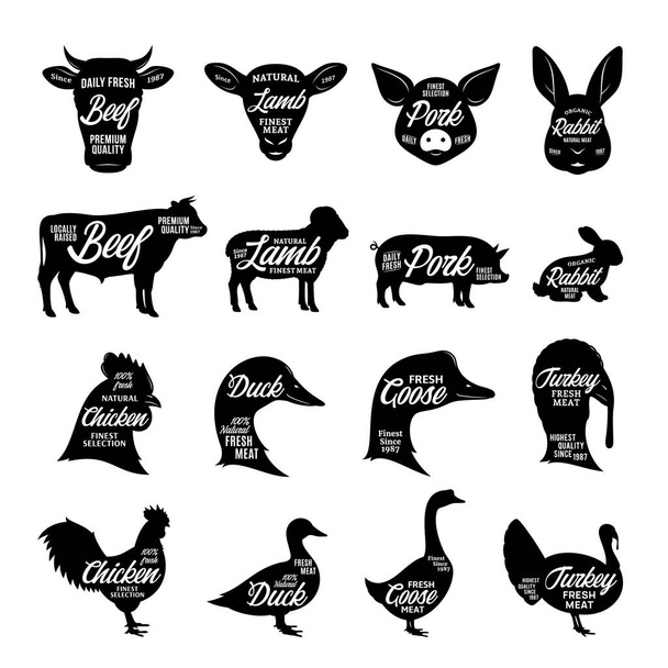 Sammlung von Silhouetten von Nutztieren. Fleischereietiketten - Vektor, Bild