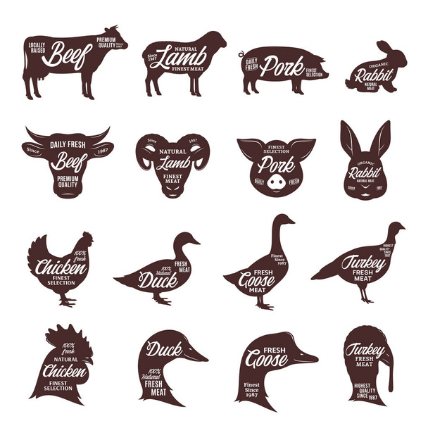 Animais de fazenda coleção silhuetas. Rótulos de talho
 - Vetor, Imagem