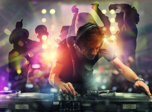 DJ playing music at the discotheque. Double exposure - Foto, Imagen