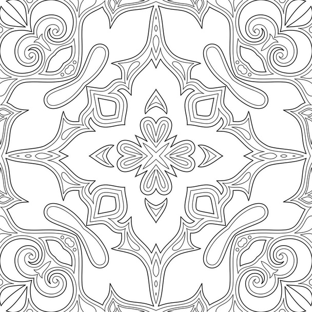 Monochrome Seamless Pattern with Floral Ethnic Motifs. Endless Texture with Damask Design Elements.Simple Coloring Book Page. Vector Contour Illustration - Vektor, Bild