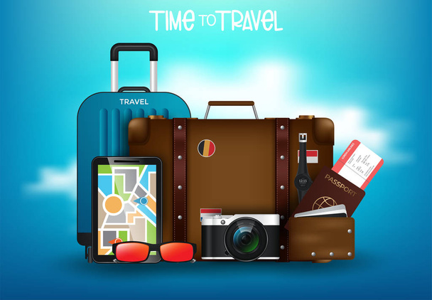 Desktop del viaggiatore con valigia, macchina fotografica, biglietto aereo, passaporto, bussola e binocolo, concetto di viaggio e vacanze
 - Vettoriali, immagini