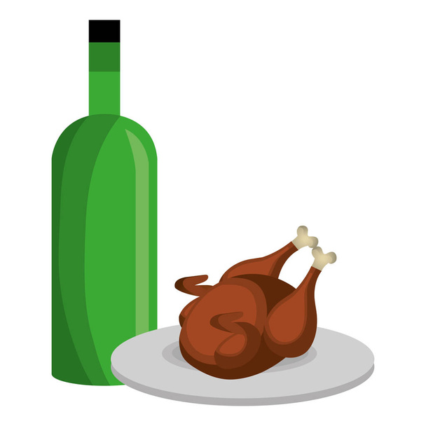 вкусное куриное мясо с бутылкой вина
 - Вектор,изображение
