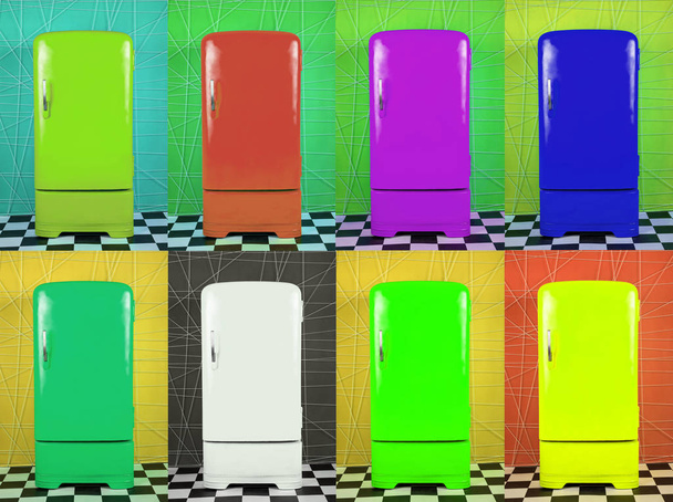 Ocho refrigeradores multicolores antiguos en diferentes fondos
 - Foto, imagen