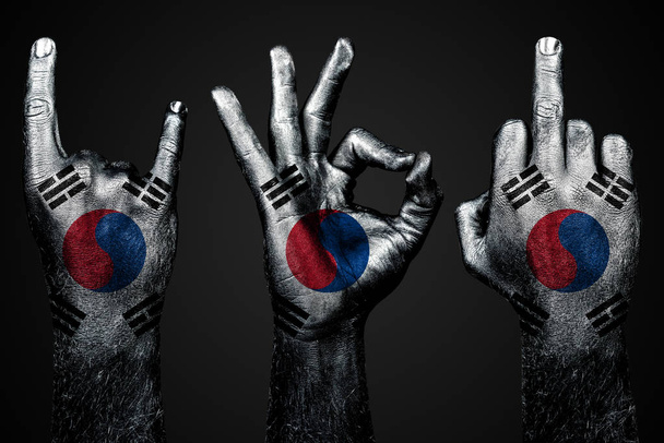 un insieme di tre mani con una bandiera dipinta Corea del Sud mostrano dito medio, capra e Ok, un segno di aggressione, protesta e approvazione su uno sfondo scuro
. - Foto, immagini