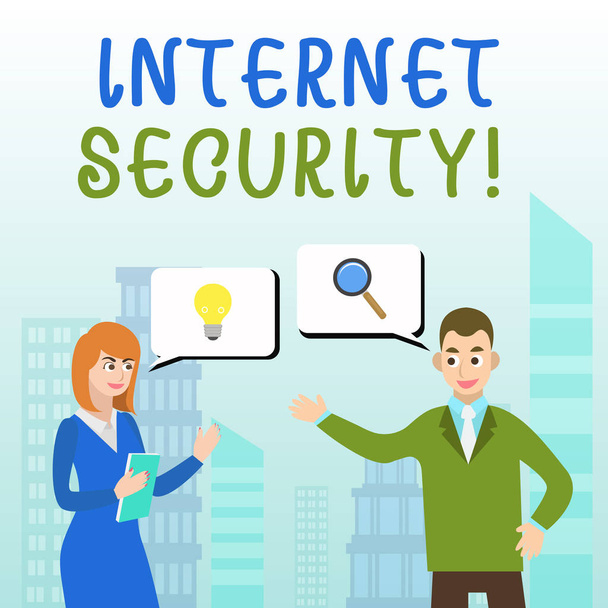 インターネットセキュリティを記述する手書きテキスト。Internetbased の脅威と正確に関連するセキュリティとは何か、ビジネスパートナーの同僚が共同で問題解決を求めるアイデアを生成. - 写真・画像