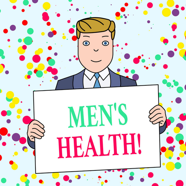 Text sign showing Men S Health. Conceptual photo state of complete physical mental and social well being by analysis Smiling Man Holding Formal Suit Big Blank Poster Board in Front of Himself. - Photo, Image