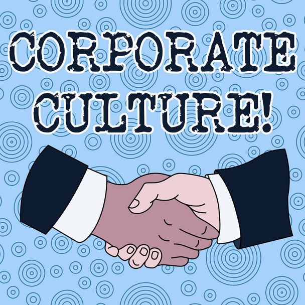 Fogalmi kéz írása mutatja Corporate kultúra. Üzleti fotó szöveg hiedelmek és attitűdök jellemző a cég kézi Shake Multifaji férfi kollégák formális póló suit. - Fotó, kép