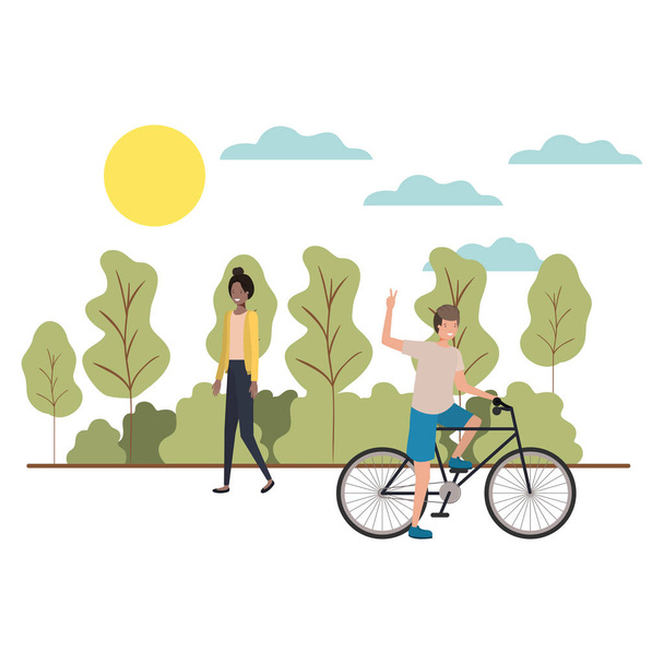 couple doing sports in landscape avatar character - Vector, Image
