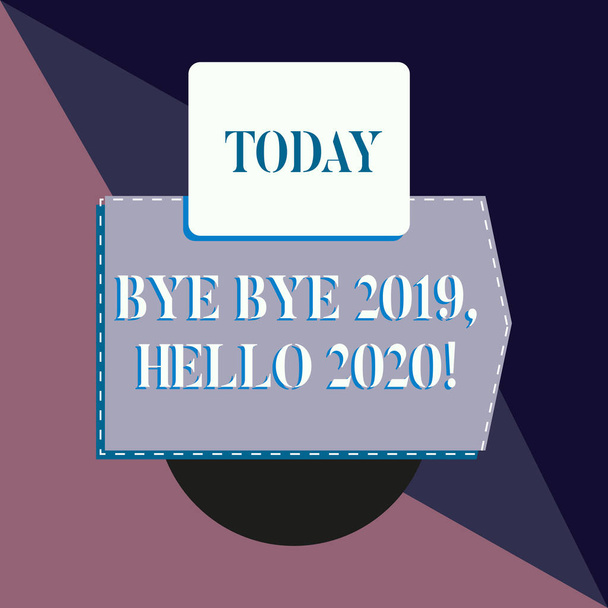Fogalmi kézzel írás bemutató bye bye 2019 Hello 2020. Üzleti fotó szöveg búcsúzik a tavalyi év, és üdvözölve egy jó egy banner téglalap tér felett félkört geometrikus háttér. - Fotó, kép